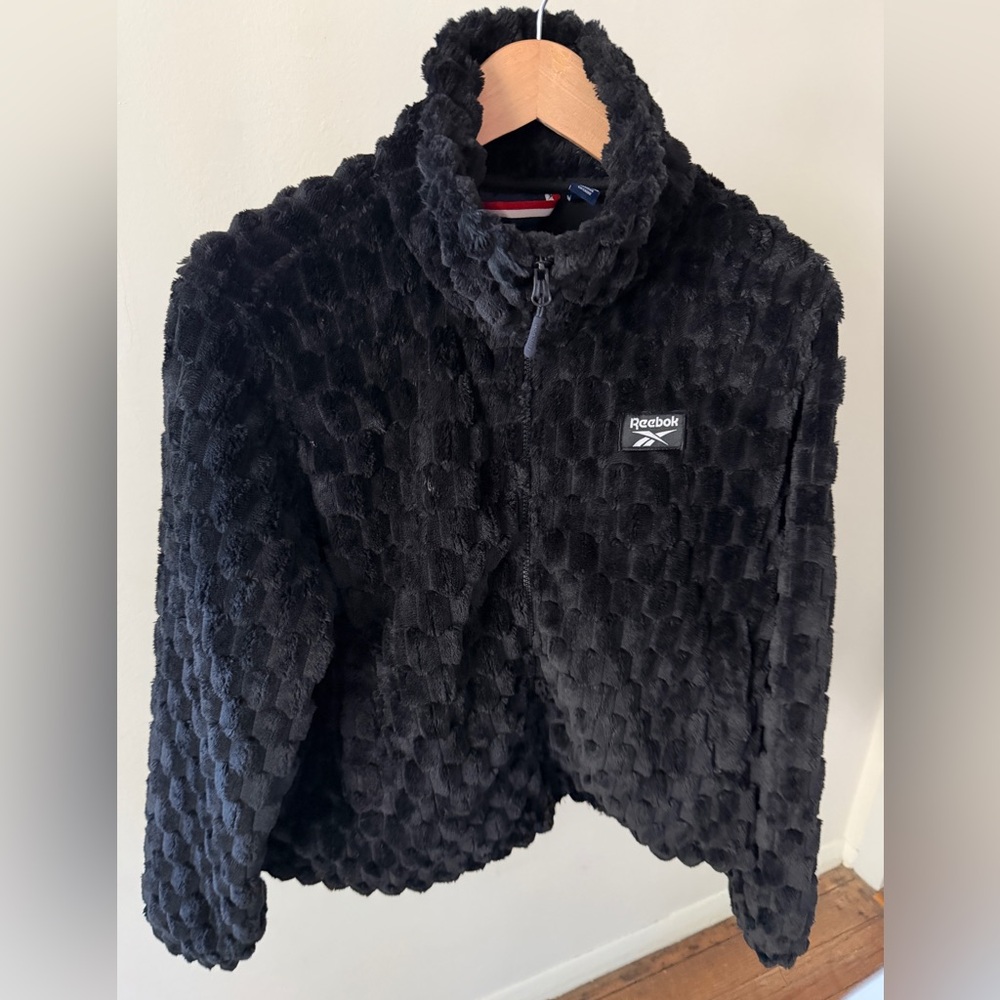 Black Reebok faux fur zip-up  Women's Textured Teddy Jacket